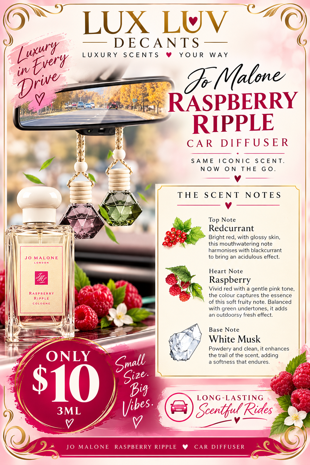 CAR Diffuser 3ML ~ Joe Malone Raspberry Ripple Scent